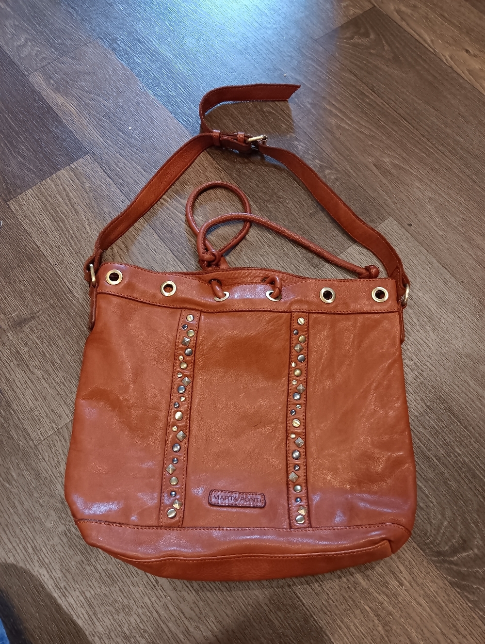 Marta Ponti Stud-Accented Orange Leather Shoulder Bag